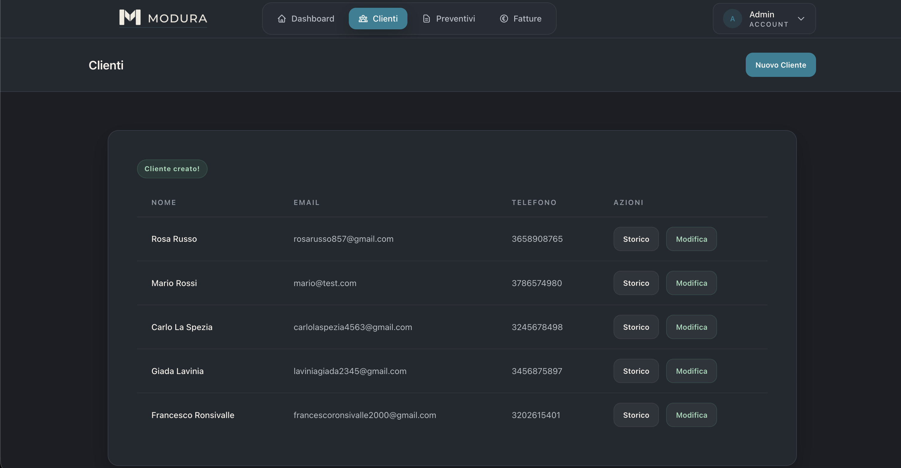 Screenshot gestione clienti Modura